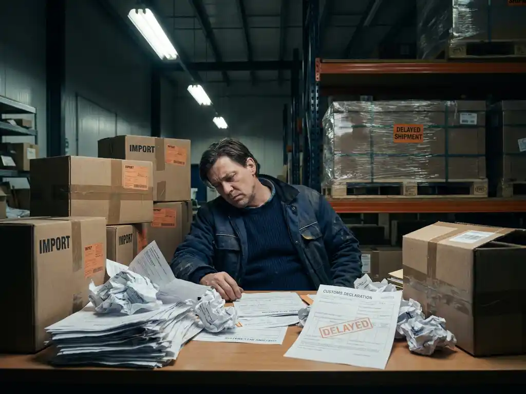 Gefrustreerde webshophouder aan rommelig magazijnbureau met doucaneformulieren, importdozen en vertraaide cargopallet op achtergrond.